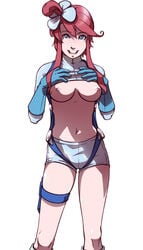 1girls blue_eyes breasts dave_cheung female female_only gloves gym_leader human navel nipples open_mouth pokemon pokemon_bw red_hair shirt_lift shorts simple_background skyla_(pokemon) smile solo white_background