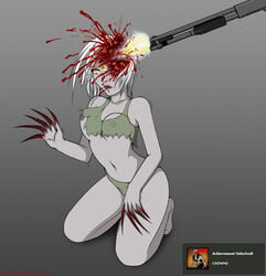 avulsion bleeding blood blood_spray bloody_claw brain breasts claw clothing color death enucleation erect_nipples erect_nipples_under_clothes eyeball female female_death female_only front_view gore grey_skin gun guro hair injury kneeling left_4_dead medium_breasts mouth open_mouth questionable_consent s2x shooting short_hair shotgun skimpy_clothes solo the_witch torn_clothes underwear violence weapon white_hair witch_(left_4_dead) wound yellow_eyes zombie