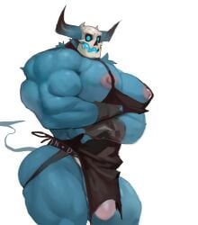 apron big_ass big_penis blue_eyes blue_skin blue_tongue dryskeleton_(drawing_jimmy) horns jockstrap male male_only skull_head