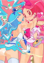 2girls ass bare_shoulders blue_eyes blue_hair blush breasts clothing cure_blossom cure_marine detached_sleeves dress erika_kurumi female fingering hair_ribbon heart heartcatch_precure! heartcatch_pretty_cure! long_hair looking_back magical_girl multiple_girls no_bra open_mouth panties panty_pull pink_eyes pink_hair ponytail precure pretty_cure ribbon skirt small_breasts stockings thighhighs tiara tied_hair tsubomi_hanasaki underwear undressing wavy_hair white_panties yuri yuuki_(irodo_rhythm)