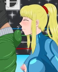 2015 artist_request bimbo blonde_female blonde_hair blowjob boxing boxing_ring bulge fellatio female little_mac metroid nintendo older_female oral ponytail punch_out samus_aran sex shorts_down skin_tight sniffing straight super_smash_bros. teenager tongue zero_suit zero_suit_samus