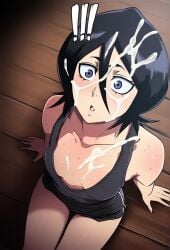 1girls ai_generated black_hair bleach blue_eyes cum cum_on_body cum_on_breasts cum_on_face cum_on_hair eyes female kuchiki_rukia light-skinned_female light_skin pixelsin short_hair sitting small_breasts solo tank_top