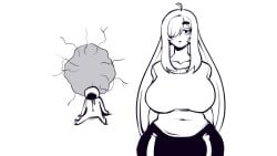 1boy ahoge animated arms_behind_back black_and_white blush breasts butter_sugoi female futanari greyscale hair_over_one_eye huge_breasts huge_cock large_breasts large_penis long_hair looking_at_another looking_at_viewer meme monochrome penis plump screaming shirt shocked simple_background sound straight surprised tagme very_long_hair video what white_background white_shirt