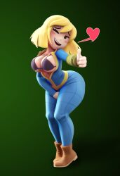 1girls 3d 3d_(artwork) bethesda_softworks big_breasts blonde_hair blush bra clothing computer electronics exposed_breasts fallout gashi-gashi jumpsuit mob_face one_eye_closed open_clothes pale_skin pip-boy short_hair smile standing thegreatpipmax thick_thighs thighs thumbs_up vault_dweller vault_girl vault_suit wristwear