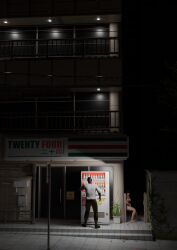 3d dark-skinned_male dark_skin dead_or_alive dead_or_alive_xtreme_venus_vacation exhibitionism female human lock_on male nanami_(doa) night nude nude_female pale_skin passer-by peeking_out peeping public target_acquired vending_machine wlfkty