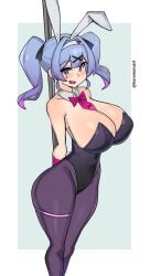 blue_hair bunny_ears bunnysuit cute_fang hatsune_miku heart-shaped_pupils kuromaruart large_breasts multicolored_hair mv_character purple_hair rabbit_hole_(deco*27/caststation) rabbit_hole_(vocaloid) twintails vocaloid