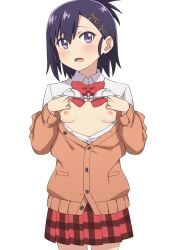 black_hair blush bra bra_lift breasts brown_cardigan cardigan exposed_breasts female gabriel_dropout highres morisobo nipples oerba_yun_fang open_cardigan open_clothes open_mouth open_shirt purple_eyes red_skirt shirt simple_background skin_fang skirt small_breasts solo standing tsukinose_vignette_april underwear white_background white_shirt