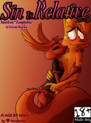 absurd_res anthro bedroom_eyes big_tail black_eyebrows black_nose black_sclera blush brown_body brown_fur brown_nose canid canine canis cover cover_art cover_page damian_(zoophobia) duo embrace english_text eyebows eyebrows finger_on_chin fluffy_ears folded_ears fur genitals hi_res jack_(zoophobia) jackal male male/male mammal narrowed_eyes nervous nervous_smile penis penis_base pupils red_body red_fur red_pupils seductive short_tail siriusandpyri slim tail text white_sclera zoophobia