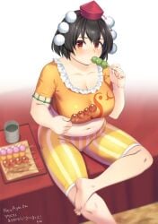 bbw belly_overhang big_belly big_female blush chubby chubby_female dango eating embarrassed fat fat_female fat_fetish fat_girl fat_woman fatty food large_female overweight overweight_female plump pork_chop shameimaru_aya tea thick_thighs touhou tubby weight_gain