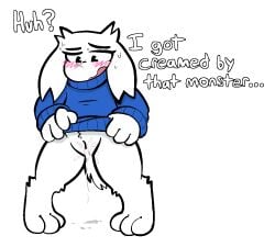 after_sex alpha_channel anthro blush bodily_fluids bottomless cave_story clothed clothing cum cum_drip cum_in_pussy cum_inside dialogue dripping english_text female fur genital_fluids genitals lagomorph mammal mimiga pussy scar solo sue_sakamoto text topwear trout_(artist) white_body white_fur