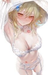 absurdres armpits arms_up blonde_hair blush bra breasts choker cleavage closed_mouth clothes_lift collarbone commentary female flower garter_belt genshin_impact hair_between_eyes hair_flower hair_ornament hickey highres lace lace-trimmed_bra lace-trimmed_panties lace_trim large_breasts looking_at_viewer lumine_(genshin_impact) navel o-ring paid_reward_available panties pottsness short_hair_with_long_locks solo_female sweater sweater_lift symbol-only_commentary thighhighs twitter_username underwear undressing white_background white_bra white_choker white_garter_belt white_panties white_sweater white_thighhighs yellow_eyes