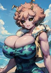 1girls ai_generated antennae ashido_mina big_breasts black_sclera bodysuit boku_no_hero_academia breasts bursting_breasts camouflage cleavage cleavage_overflow covered_navel female female_only grin horns huge_breasts large_breasts leotard looking_at_viewer messy_hair mina_ashido my_hero_academia pink_hair pink_skin short_hair short_jacket skin_tight skindentation solo stable_diffusion superhero_costume superheroine tampopo yellow_eyes