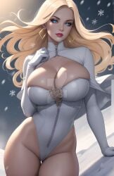 ai_generated babeshaven blonde_hair blue_eyes breasts busty cameltoe cleavage curvy curvy_figure earrings emma_frost female female_only hourglass_figure large_breasts leotard marvel marvel_comics snow watermark white_queen x-men