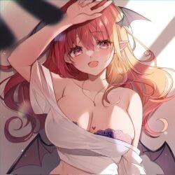 :d arm_up bare_shoulders bat_wings blurry breasts cleavage demon demon_girl depth_of_field female head_wings highres jewelry koakuma large_breasts long_hair looking_at_viewer low_wings mini_wings natsuki_(ukiwakudasai) off-shoulder_shirt off_shoulder open_mouth pink_eyes pointy_ears red_hair shirt smile solo succubus touhou wings