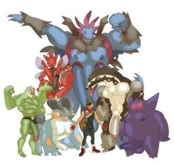 2_penises 4_arms balls boner bulge bulge_through_clothing diphallia diphallism erection flaccid flexing generation_1_pokemon generation_2_pokemon generation_3_pokemon generation_5_pokemon generation_8_pokemon gengar genitals group hi_res human humanoid_genitalia humanoid_penis hydreigon machamp male male_only mammal millzdick multi_arm multi_genitalia multi_limb multi_penis nintendo nude obstagoon penis pokemon pokemon_(species) scizor shiny_pokemon simple_background swampert white_background