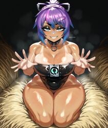 ai_generated farm female from_above kneeling melody_(projektmelody) pointy_chin projektmelody purple_hair royalcockwarmer smug stable stable_diffusion tagme tan_body tanline virtual_youtuber vshojo vtuber