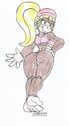 1girls beret big_ass big_butt blonde_hair chimpanzee dixie_kong donkey_kong_(series) donkey_kong_country furry green_eyes hand_on_hip looking_at_viewer looking_back marlon64 naked_female naked_shirt ponytail smiling_at_viewer solo_female traditional_drawing_(artwork) white_background