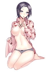 big_breasts black_hair canon_genderswap chest_tattoo cleavage female female_only finger_to_mouth full_body genderswap_(mtf) grey_eyes heart_print inner_sideboob no_bra one_piece open_shirt pale-skinned_female pale_skin panties rule_63 seiza short_hair shushing sitting solo striped_panties tattoo tattoos trafalgar_law trafalgar_law_(female) up_sanme wearing_others_clothes