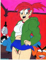 1girls 2boys bangs bendy_(fhfif) bloo blue_skirt cartoon_network cowboy_shot creature doc_icenogle female forced_exposure foster's_home_for_imaginary_friends frankie_foster green_eyes green_hoodie green_panties high_ponytail huge_eyes human medium_breasts midriff mr._herriman partially_visible_vulva rabbit_humanoid red_hair red_pubic_hair skirt_lift standing thong top_hat