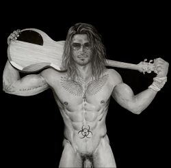 1boy abs biceps black_and_white brad_welch_art caucasian caucasian_male flaccid flaccid_penis graphite_(artwork) guitar long_hair male male_focus male_only muscles muscular muscular_male musician pecs pencil_(artwork) penis pierced_nipples solo solo_male sunglasses tattoos uncolored