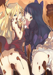 ass black_hair blonde_hair blue_eyes bow breast_press breasts censored chocolate convenient_censoring dress earrings female female_only hairbow hand_holding holding_hands jewelry long_hair multiple_girls panties panty_&_stocking_with_garterbelt panty_anarchy smile stocking_anarchy symmetrical_docking thighhighs tongue underwear utu