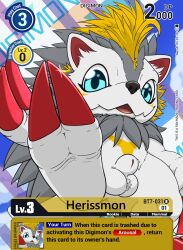 absurd_res animal_genitalia anthro balls bandai_namco blue_eyes claws digimon digimon_(species) english_text fur genitals hair herissmon hi_res low-angle_view male male_only neos8 orange_body orange_fur quills_(anatomy) sheath solo spiky_hair text trading_card_template white_body white_fur