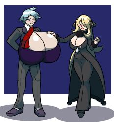 1boy blonde_hair blue_hair blush blushing_female blushing_male breast_awe busty busty_boy cleavage cleavage_window commission cynthia_(pokemon) female game_freak huge_breasts male_breasts male_cleavage male_tits male_with_breasts necktie nintendo pokemon pokemon_dppt pokemon_rse proud steven_stone_(pokemon) sweetscentedcrescent tie