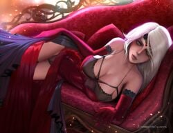 breasts ciri green_eyes illasvyel red_dress the_witcher the_witcher_(series) the_witcher_2 the_witcher_3:_wild_hunt white_hair