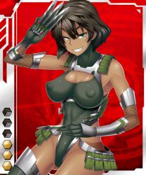 00s abs arm_up armor black_hair bob_cut breasts card_(hr) card_(medium) card_(red-hr) cleavage cleavage_cutout clothing_cutout covered_erect_nipples female female_focus fishnets green_eyes grin holding impossible_clothes kunai large_breasts leotard lilith-soft looking_at_viewer manji ninja official_art shindol skin_tight smile soga_kouha solo taimanin_(series) taimanin_asagi taimanin_asagi_battle_arena_all_card_gallery taimanin_asagi_kessen_arena thighhighs vambraces weapon