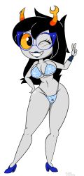 1girls bikini cloudcyanide homestuck peace_sign swimsuit vriska_serket winking_at_viewer