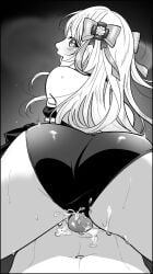 1boy ass bikini blush buttjob chaos_marie_(grimms_notes) female grimms_notes hair_ribbon heart heart-shaped_pupils highres huge_ass looking_at_viewer maid maid_bikini monochrome navel open_mouth penis pov ribbon smile steam sweat swimsuit symbol-shaped_pupils uncensored unconventional_maid user_wcre4824