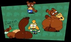 animal_crossing anthro anus apron ass balls bells_(animal_crossing) big_balls big_butt big_penis blood bodily_fluids bottomless bottomwear brown_body canid canine canis closed_eyes clothed clothing dipstick_tail domestic_dog duo english_text erection female genitals half-closed_eyes huge_balls huge_butt huge_cock isabelle_(animal_crossing) looking_at_viewer looking_back lying male mammal markings musical_note narrowed_eyes navel nintendo nosebleed nude on_back penis raccoon_dog shih_tzu skirt superiorfox tail tail_markings tanuki text thick_thighs tom_nook topwear toy_dog vest wide_hips yellow_body