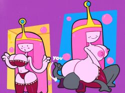 1boy 1girls 2024 :) adventure_time ass big_ass big_breasts breasts cartoon_network facesitting fatmann08 female large_breasts lingerie male mob_face pink_body pink_hair pink_skin princess_bubblegum royalty thick_thighs thighhighs thumbs_up