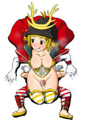 armor beige_skin blush breasts butcha-u closed_mouth clothing color cum erection eroquis female footwear front_view hair helmet honda_tadakatsu large_breasts licking_lips male nipples open_eyes penis rule_63 sengoku_basara smile stockings tagme yellow_hair