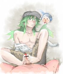 blush censored footjob gay green_hair hat human human_only male male_only male_pov natural_harmonia_gropius nosebleed pointless_censoring pokemon small_penis tympole