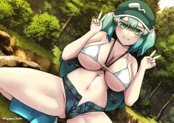 alternate_costume backpack bag black_shorts blue_eyes blue_footwear blue_hair blush boots breasts cleavage commentary_request double_v female flat_cap foot_out_of_frame forest green_headwear grin hair_bobbles hair_ornament hat head_tilt highres jewelry kagiyama_shachou kawashiro_nitori key key_necklace large_breasts looking_at_viewer medium_hair midriff nature navel necklace nitori_kawashiro outdoors short_shorts shorts sidelocks smile solo squatting sweat touhou tree twitter_username two_side_up v