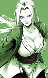 1girls artist_name bare_chest big_breasts boruto:_naruto_next_generations breast_focus breasts breasts_bigger_than_head busty cleavage cleavage_overflow female female_only fully_clothed green_theme haori huge_breasts kimono lipstick looking_at_viewer makeup mature mature_female mature_woman milf missfaves monochrome naruto naruto:_the_last naruto_(classic) naruto_(series) naruto_shippuden no_bra oppai pants pinup smile solo solo_focus top_heavy tsunade very_long_hair voluptuous voluptuous_female watermark