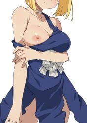 blonde_hair blue_dress blush breasts choker closed_mouth commentary_request dr._stone dr.stone dress female head_out_of_frame highres kohaku_(dr._stone) kohaku_(dr.stone) large_breasts long_hair looking_at_viewer morisobo nipples one_breast_out short_hair simple_background smile solo standing thighs white_background white_choker
