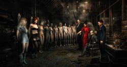 3d 5boys 6+girls arms_behind_back black_bra black_hair blonde_hair clothed_female_nude_female clothed_male_nude_female estreet gag gagged multiple_boys nude nude_female red_hair slave slavegirl tied_to_post