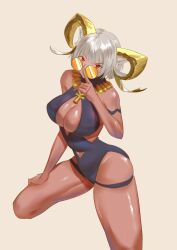 arknights boob_window carnelian_(arknights) carnelian_(shining_dew)_(arknights) glasses horns red_eyes skindentation slim tan_body thick_thighs white1st white_hair