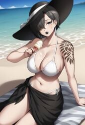 ai_generated akeha beach bikini bikini_top black_hair black_hat black_lipstick black_skirt bra breasts female female_only hair_over_one_eye hat ice_cream ice_cream_on_breasts large_breasts lipstick mature_female nier_(series) nier_reincarnation pale-skinned_female shoulder_tattoo sitting tattoo tied_hair