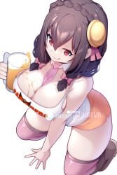 1girls beer beer_mug breasts brown_hair cleavage hooters hooters_uniform hotvr huge_breasts kneeling kono_subarashii_sekai_ni_shukufuku_wo! red_eyes shorts solo tagme thighhighs yunyun_(konosuba)