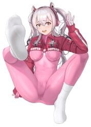 absurdres alice_(nikke) bodysuit breasts feet female foot_fetish foot_focus full_body ghhoward gloves goddess_of_victory:_nikke grey_hair hand_up highres legs long_sleeves looking_at_viewer medium_breasts no_shoes open_mouth pink_bodysuit red_bodysuit simple_background sitting socks soles solo teeth toes two-tone_bodysuit upper_teeth_only white_background white_socks