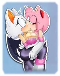 2girls amy_rose amy_the_bat anthro bat breast_press breasts cosplay female/female female_only gloves hedgehog interspecies kissing lesbian lluanhyperzero rouge_the_bat rouge_the_bat_(cosplay) sega sonic_(series) sonic_the_hedgehog_(series) suprised tagme tail wings yuri