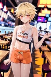 1boy aether_(genshin_impact) ai_generated femboy femboy_hooters genshin_impact hooters male male_only rcos solo twink waiter yaoi