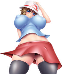 blue_eyes blush breasts brown_hair female harumi_(harumix) hat human human_only impossible_clothes impossible_shirt large_breasts leaf_(pokemon) long_hair nintendo nipple_bulge pokemon pokemon_frlg pokemon_rgby porkpie_hat shirt skirt smile socks thighhighs