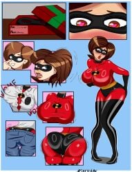 2d ass_expansion big_ass blue_background bodily_fluids bodysuit breast_expansion breast_growth breasts breasts_bigger_than_head brown_hair butt_growth color comic comic_page costume domino_mask elastigirl expansion flustered gender_bender gender_transformation genderbent genderswap_(mtf) gift heart heart-shaped_pupils heart_eyes heel_boots heels helen_parr heroine high_heels jeans latex latex_panties latex_suit light-skinned_female light_skin male_to_female march_needs_moms motion_lines mrs_incredible nikk1chan nipples_visible_through_clothing pants plain_background rule_63 shiny_clothes skin_tight solo superhero superhero_costume superheroine sweat the_incredibles thick_lips thigh_boots thigh_highs thighhighs transformation transformation_sequence vagina_visible_through_clothing