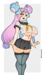 iono_(pokemon) kuromaruart multicolored_hair pokemon school_uniform sharp_teeth skirt thick_thighs underboob yellow_eyes