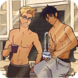 2boys breakfast coffee glasses jason_grace male_only muscular_male percy_jackson percy_jackson_and_the_olympians shirtless sweatpants tagme tattoo