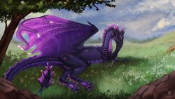 anus ass bl_darksoul claws darlsol dragon female feral genitals grass hi_res membrane_(anatomy) mythological_creature mythological_scalie mythology pawpads pink_pussy plant purple_anus purple_body purple_claws purple_membrane purple_pawpads purple_scales pussy scales scalie solo tree